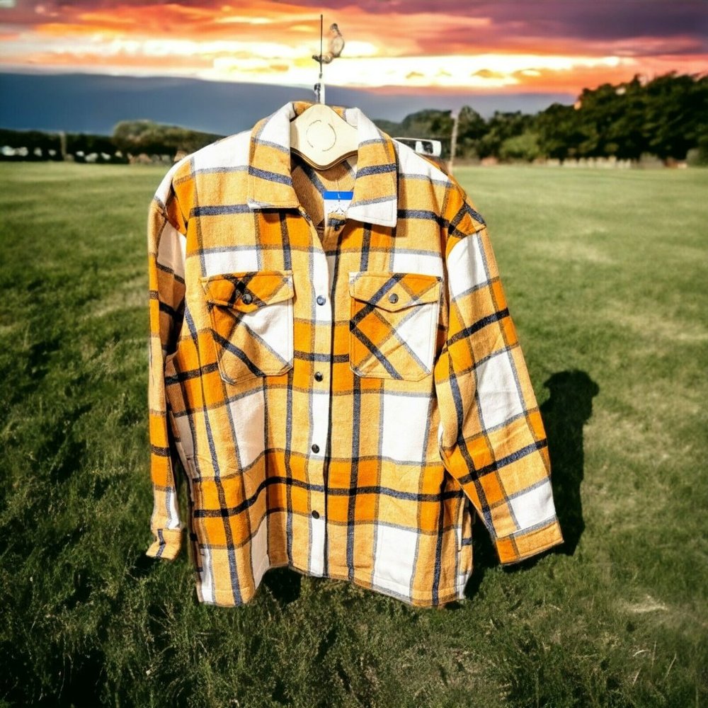 Schacket Jacket Women's Size L HFX Mustard Snaps Christmas Hanukkah Gift Casual